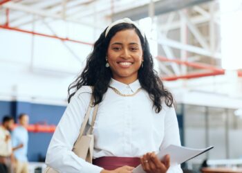 Internship, worker and young woman with face in corporate workplace, onboarding and new hire with s