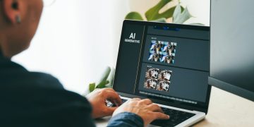 AI image generator app. Person creating photo art with Artificial Intelligence software in computer