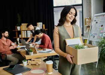 Colleagues in Casual Elegance Reflect on Transitions During Layoff Day