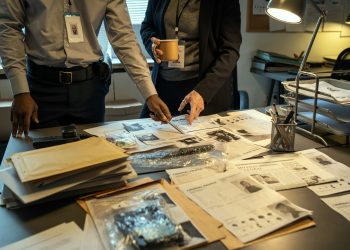 Two interracial agents of FBI pointing at personal information of gang leader