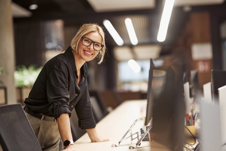 A successful Professional Woman in a Modern Office Setting showcasing her career and achievements