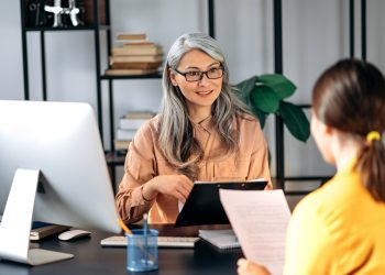 Boss, Asian, HR manager, office, resume, smiling