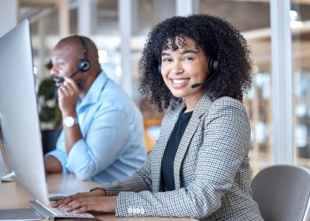 Call center, woman and portrait of consultant at computer for customer service, business support or