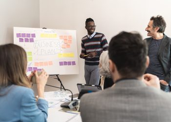 Diverse startup team collaborating on business plan using agile methodology