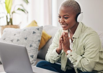 Laptop, home and happy woman reading results, email or feedback for job opportunity success Gratitu