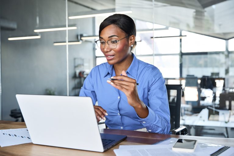 Professional African business woman hr working in office having virtual meeting.