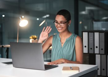 Video call, laptop and black woman in business with virtual meeting, communication and technology.