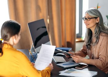 HR manager, office, asian resume, smiling