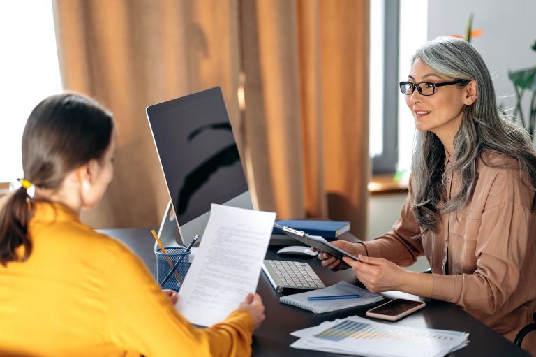 HR manager, office, asian resume, smiling